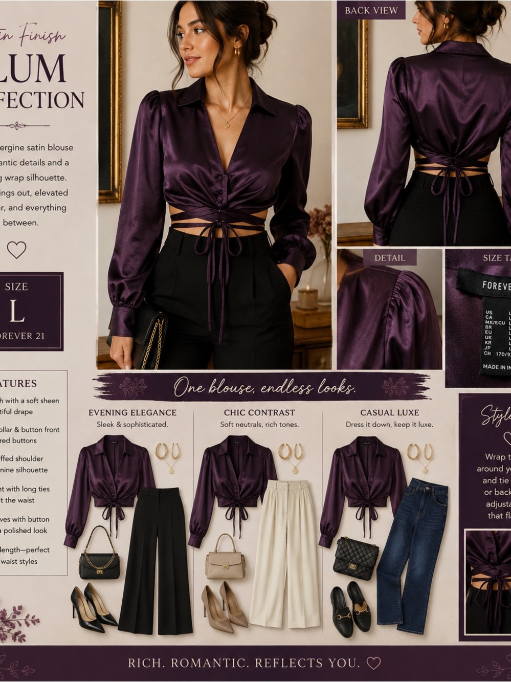 Forever 21 Plum Satin Wrap Blouse